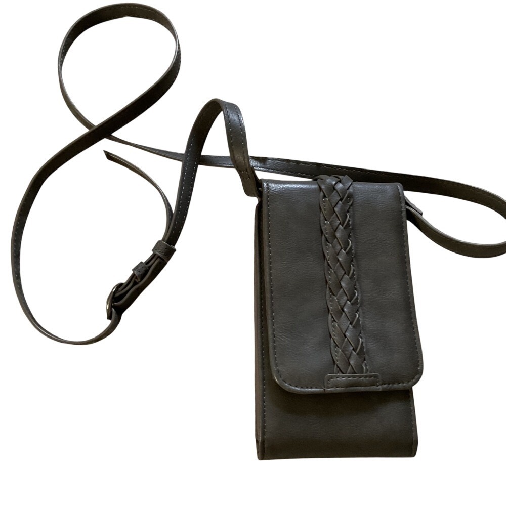 Maurices Womens Braided Crossbody Phone Wallet Bag Taupe Grey Faux Leather Small